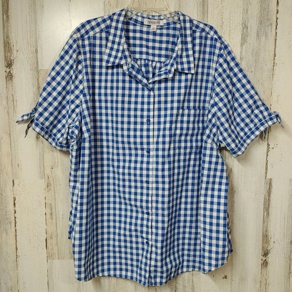 Roaman's Button Up Shirt Women's Plus Size 30W Short Sleeves Blue White Plaid - Picture 2 of 8